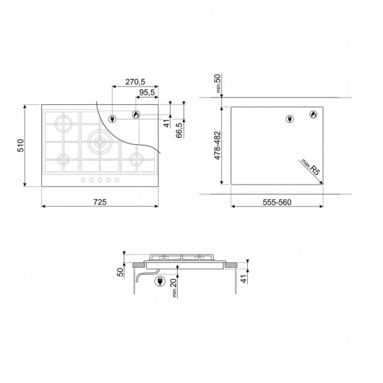 Placa Gas SMEG PX175 72cm Inox 5f